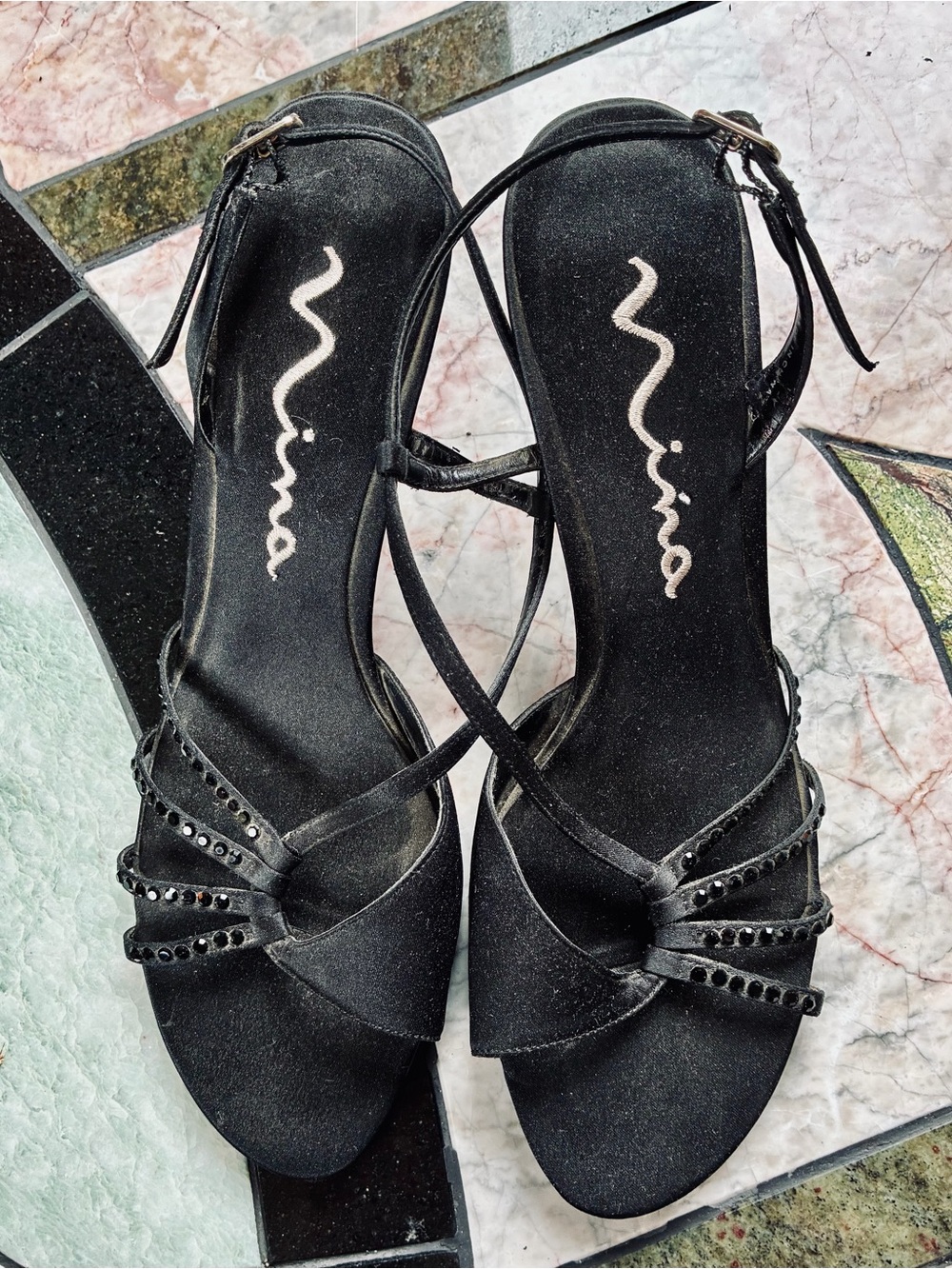 Nina Black Satin Strappy Heels with Crystal Accents